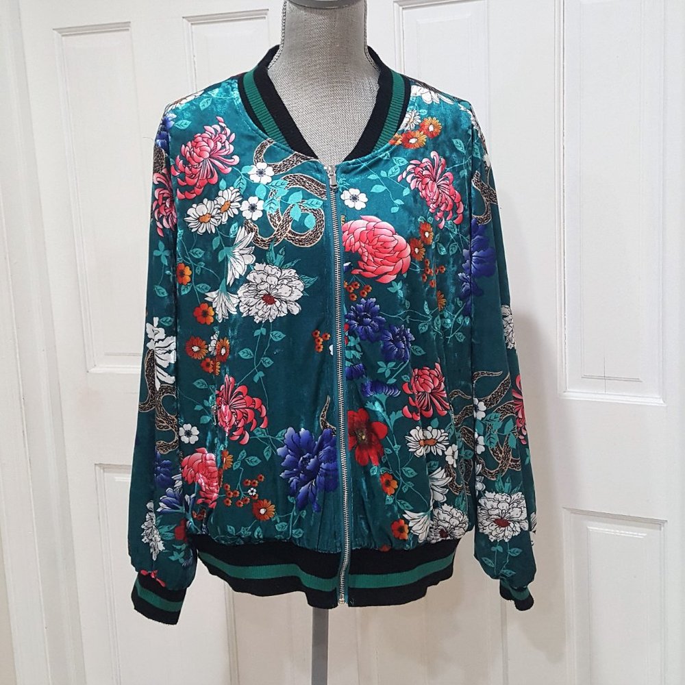 Colleen Lopez Floral Bomber Jacket - Teal and Multicolor - Picture 2 of 4